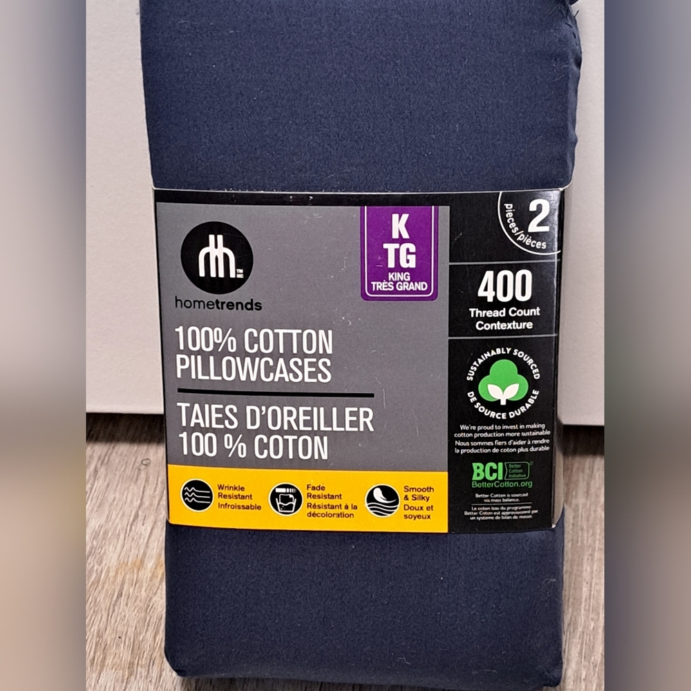 New Hometrends Navy Pillowcases - 100% Cotton, 400 Thread Count